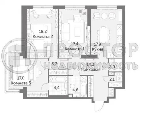 4-комнатная квартира, 101.6 м.кв.