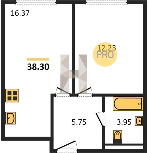 1-комнатная квартира, 38.3 м² - фото 2