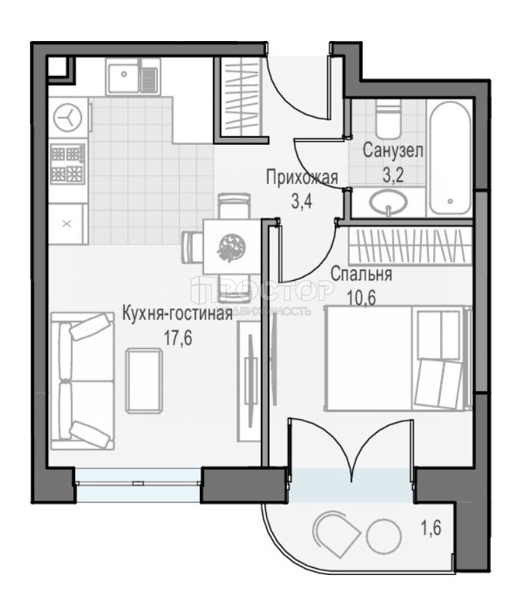 2-комнатная квартира, 35.5 м² - фото 7