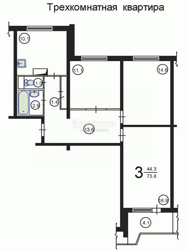 3-комнатная квартира, 73.8 м² - фото 15