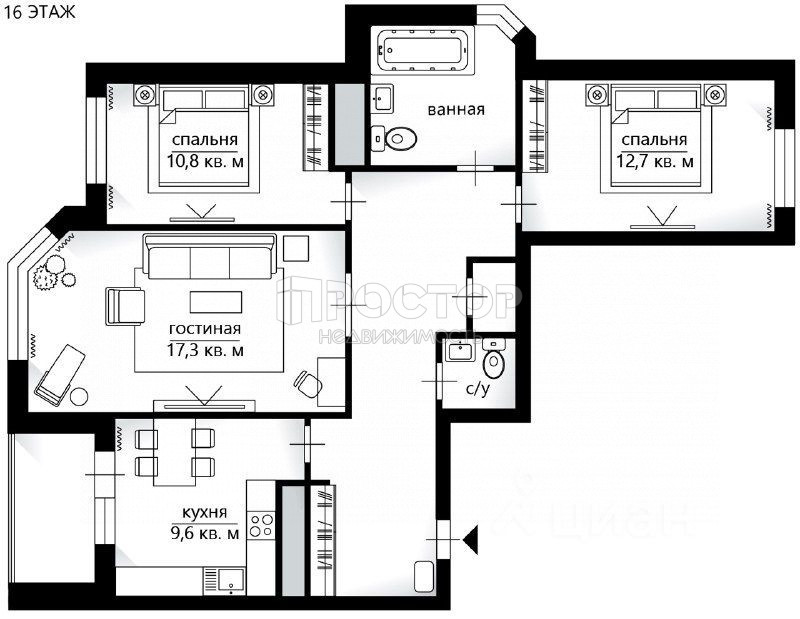 3-комнатная квартира, 77.2 м² - фото 2