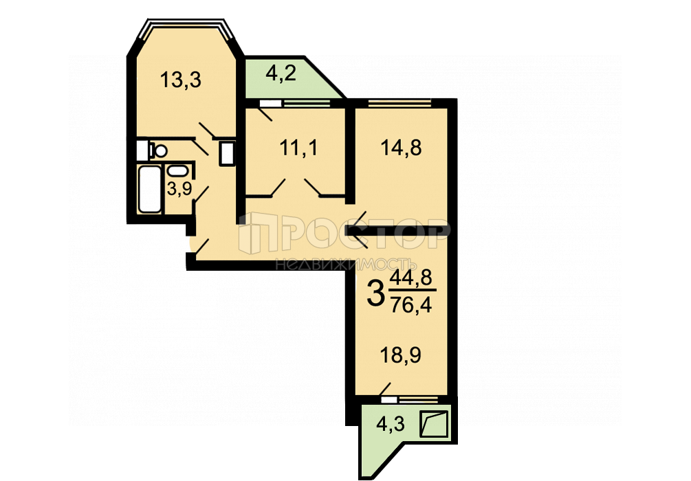 3-комнатная квартира, 74.3 м² - фото 17