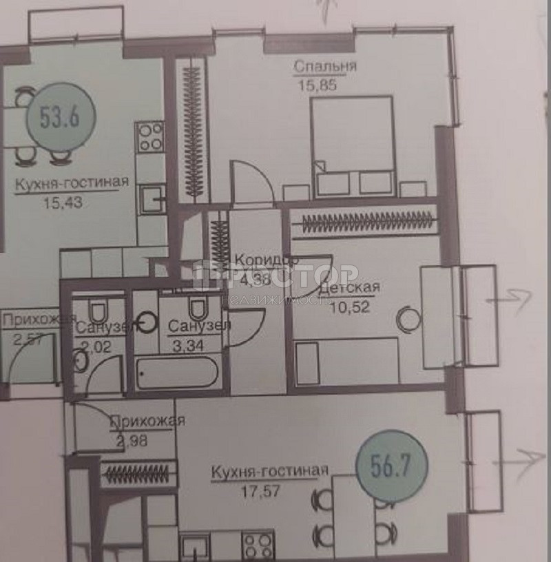 3-комнатная квартира, 56.7 м² - фото 28