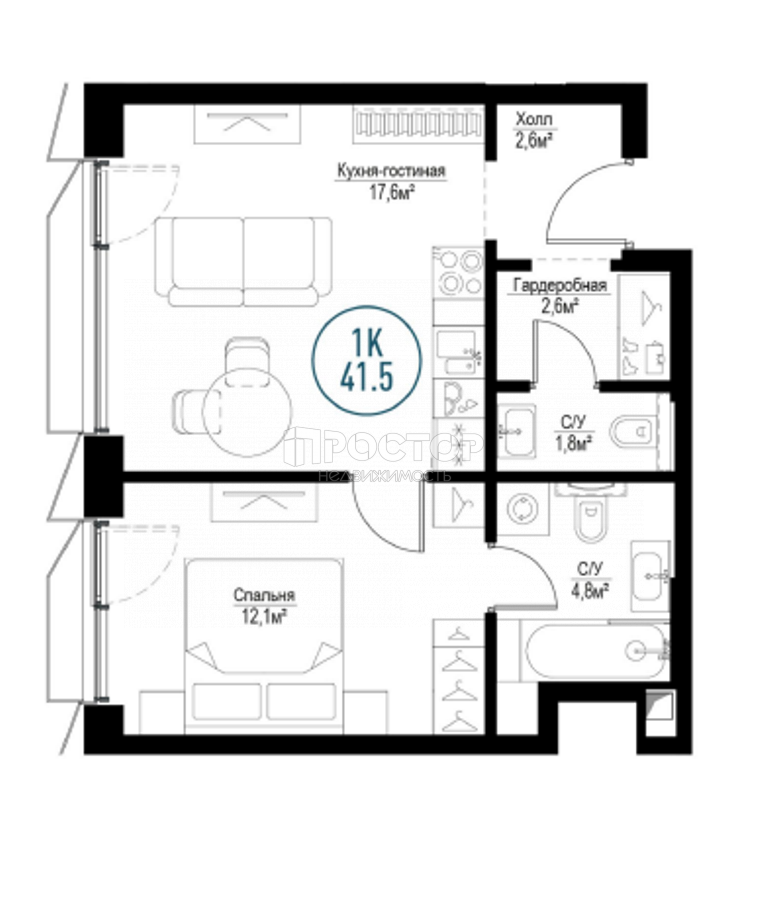 1-комнатная квартира, 44.7 м² - фото 6