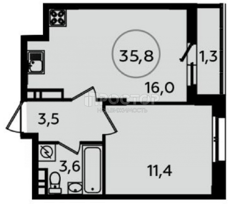 1-комнатная квартира, 36 м² - фото 14