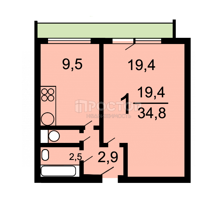 1-комнатная квартира, 34.8 м² - фото 17