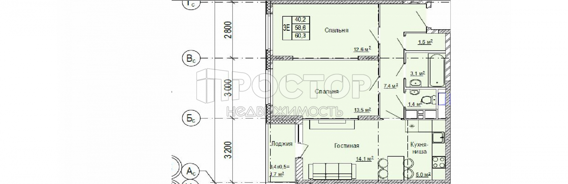 3-комнатная квартира, 60.3 м² - фото 26