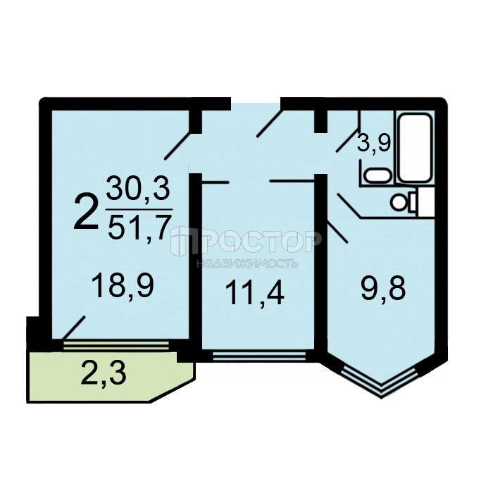 2-комнатная квартира, 51.1 м² - фото 12