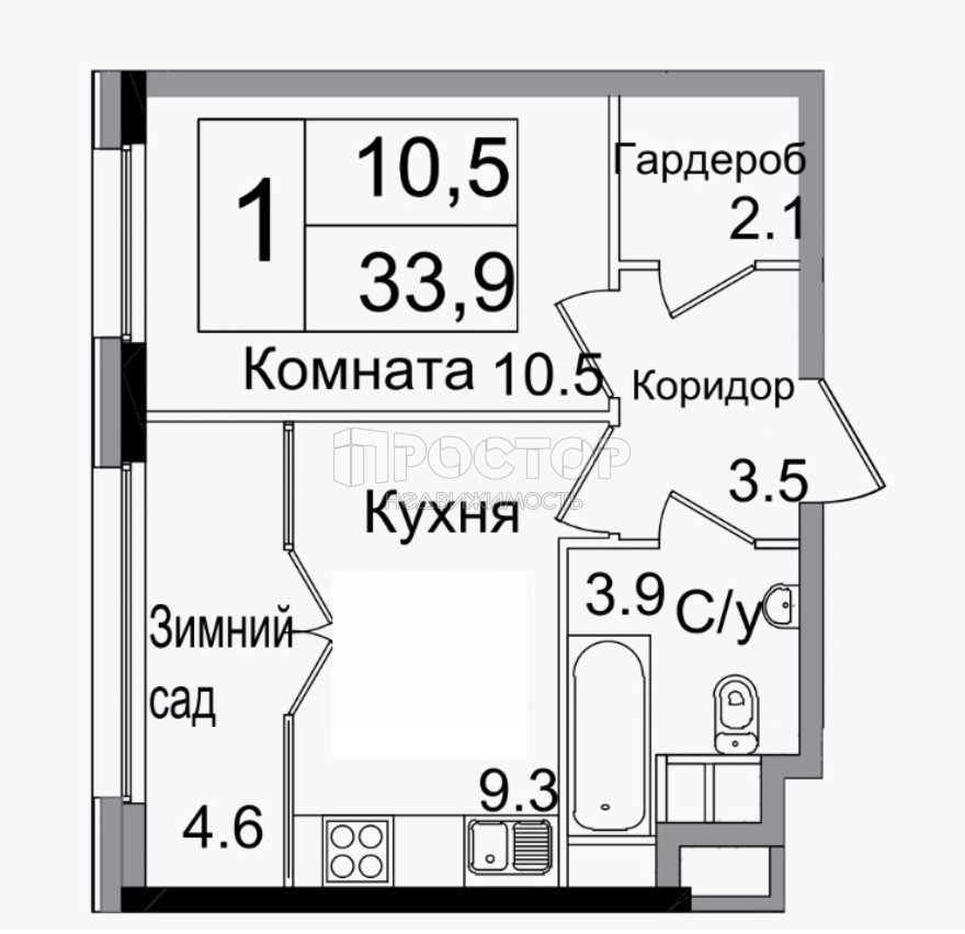 1-комнатная квартира, 34 м² - фото 12