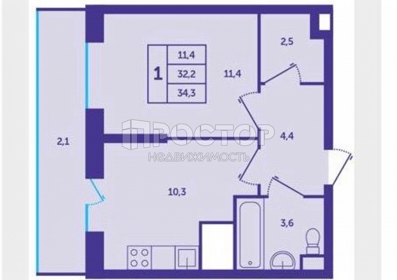 1-комнатная квартира, 32.2 м² - фото 2