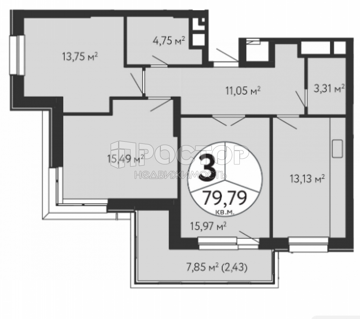 3-комнатная квартира, 79.79 м² - фото 4