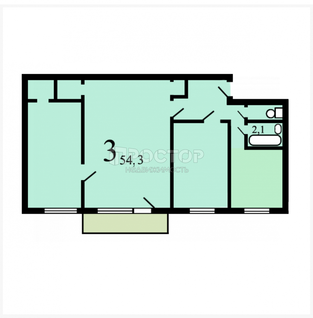 3-комнатная квартира, 54.3 м² - фото 2