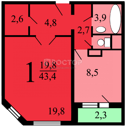 1-комнатная квартира, 43.6 м² - фото 10