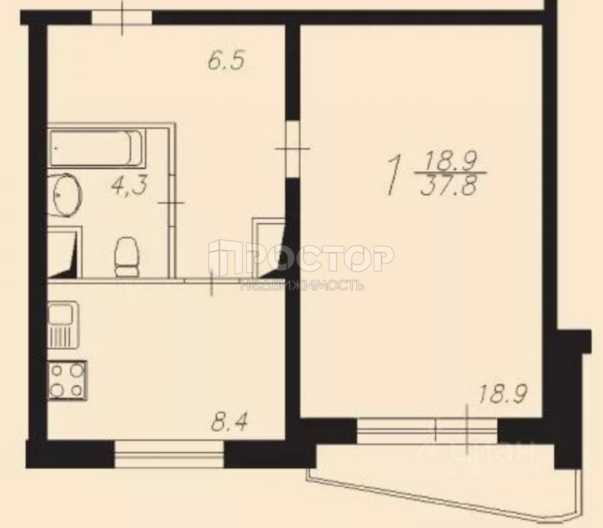 1-комнатная квартира, 38 м² - фото 9