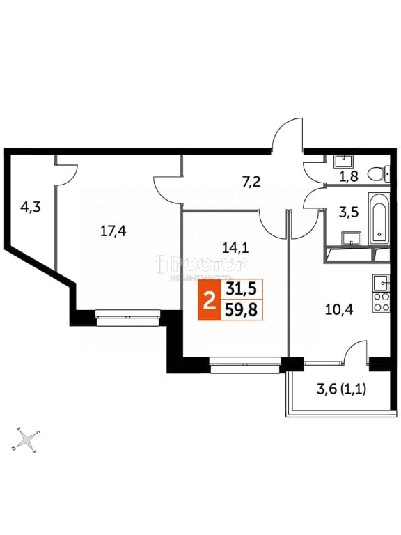 2-комнатная квартира, 59.8 м² - фото 2