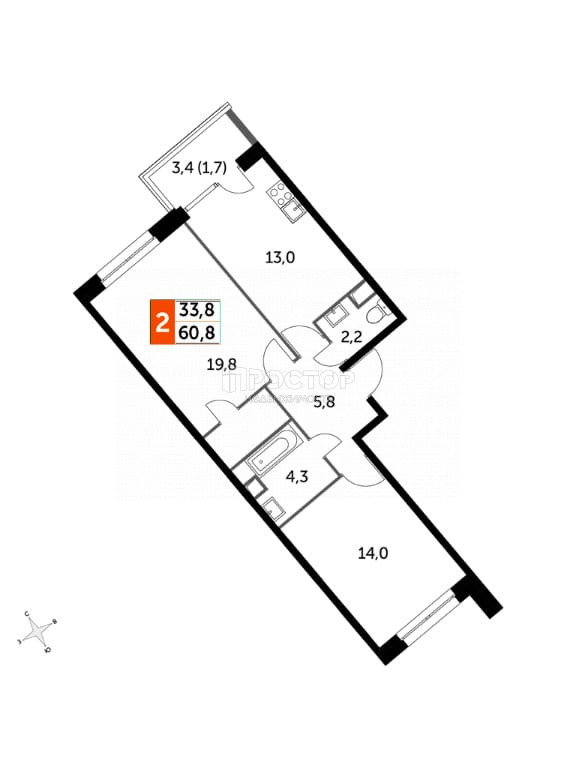 2-комнатная квартира, 59.8 м² - фото 2