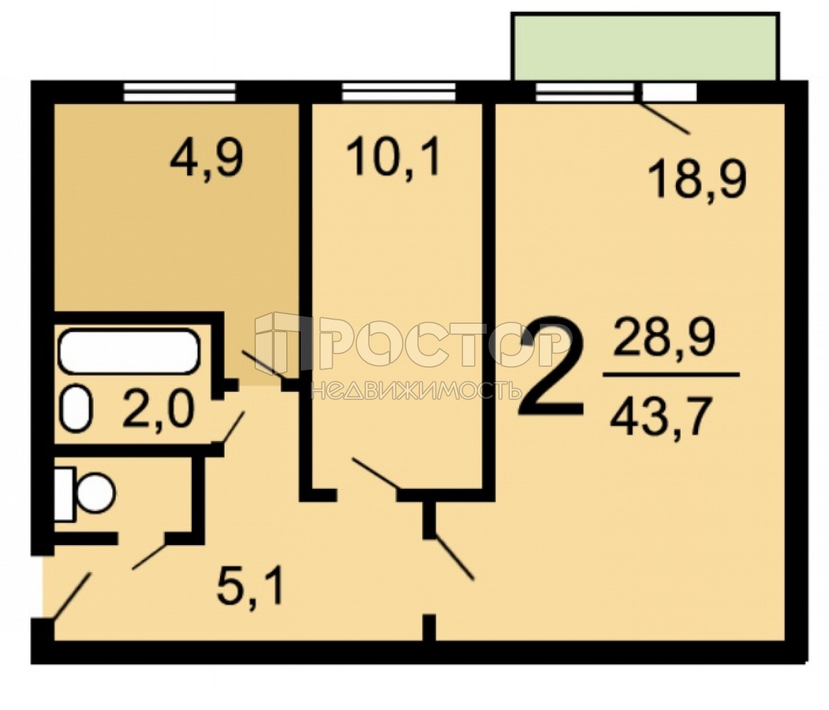 2-комнатная квартира, 43.2 м² - фото 4