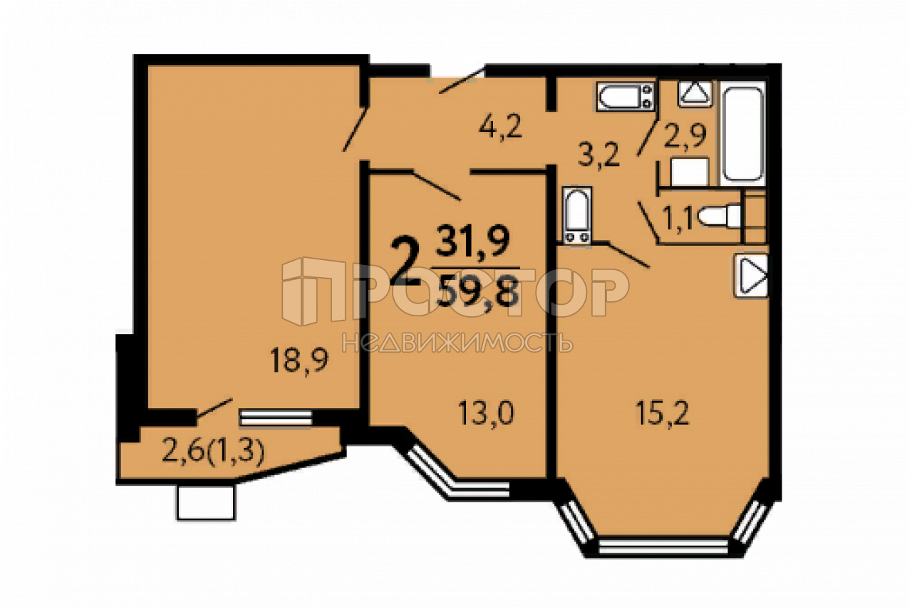 2-комнатная квартира, 60 м² - фото 2