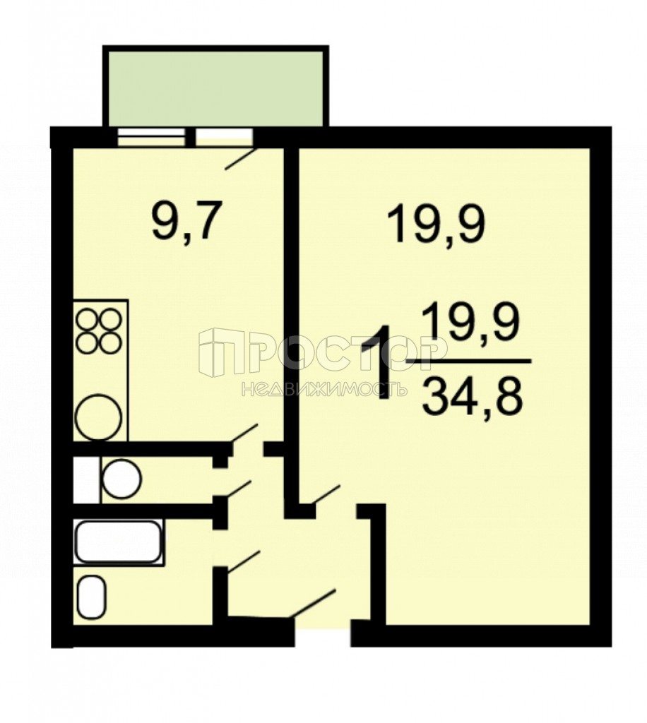 1-комнатная квартира, 34.8 м² - фото 2