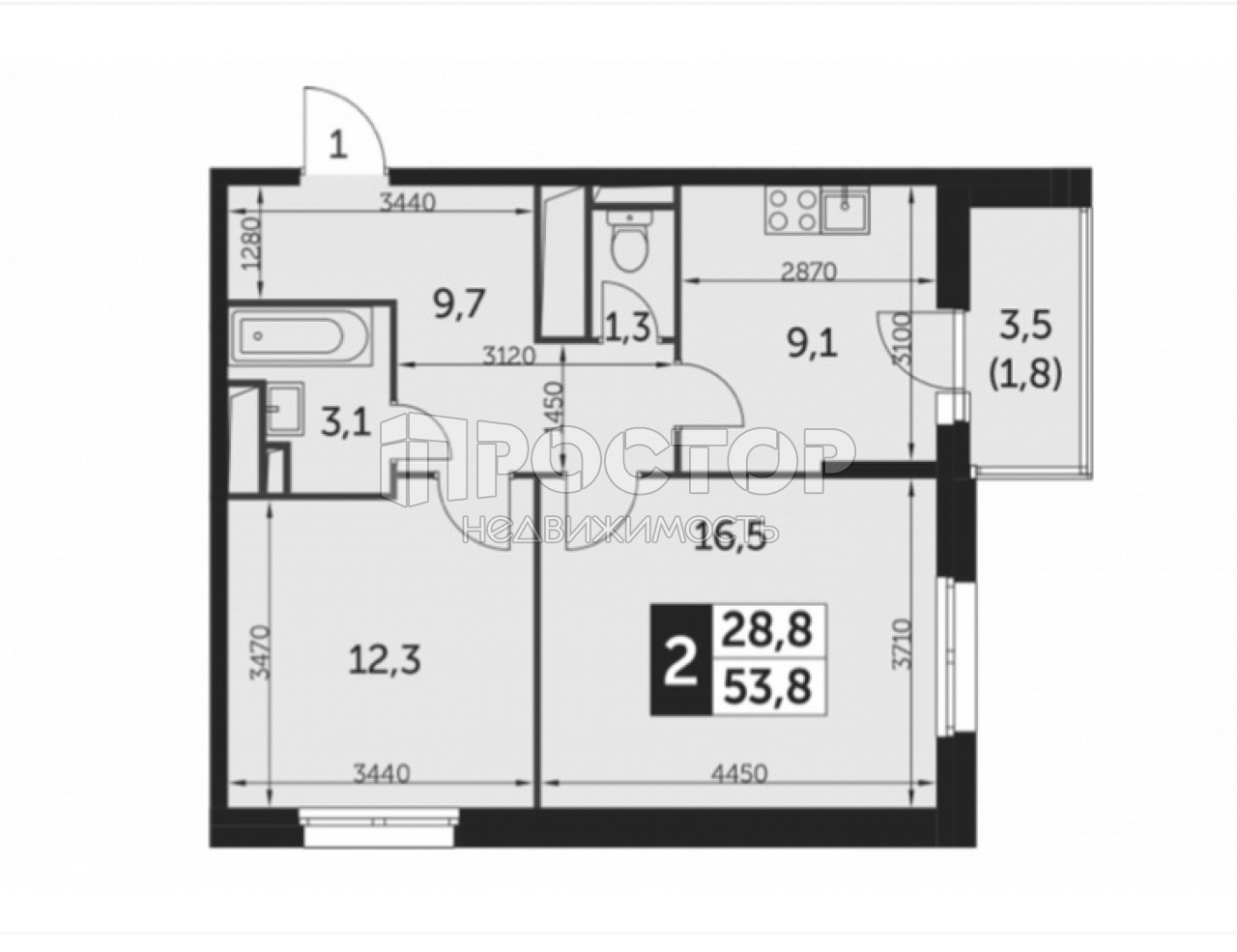 2-комнатная квартира, 53.8 м² - фото 2