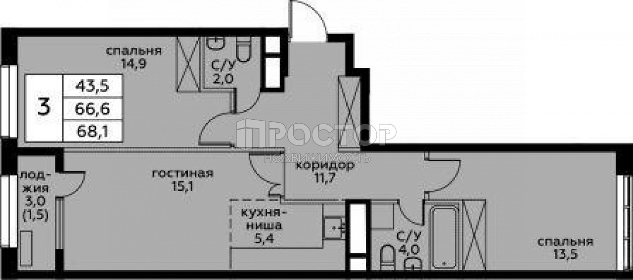 3-комнатная квартира, 68.1 м² - фото 8