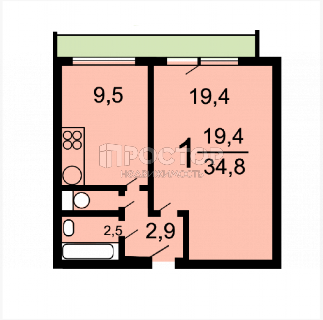 1-комнатная квартира, 35 м² - фото 17