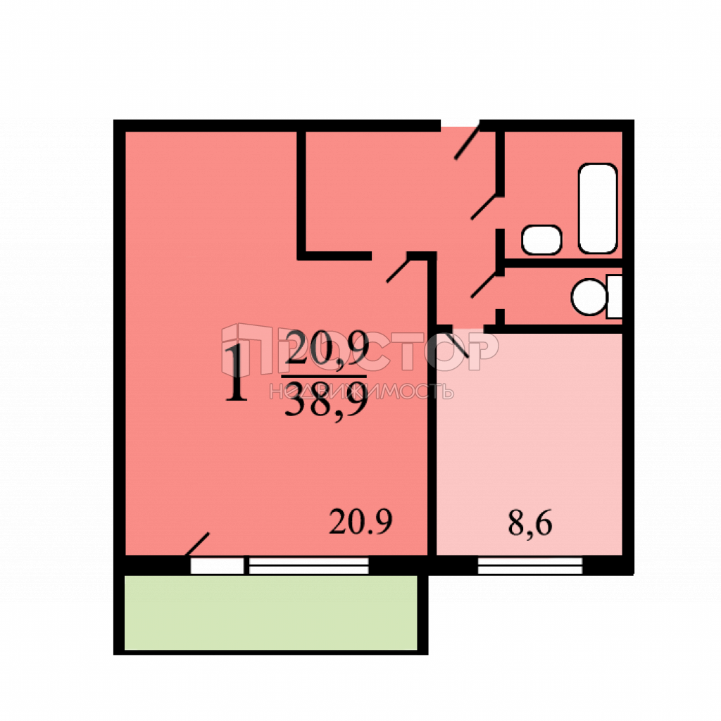 1-комнатная квартира, 38.9 м² - фото 13