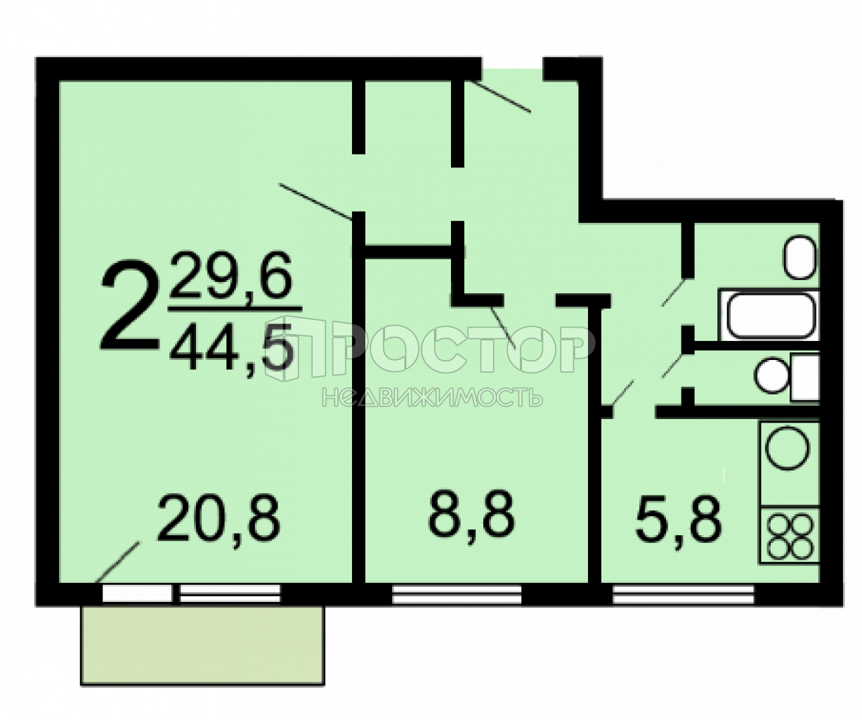 2-комнатная квартира, 44.5 м² - фото 2