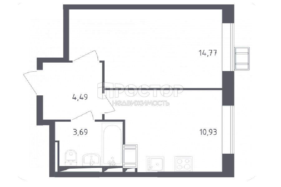 1-комнатная квартира, 33.9 м² - фото 2