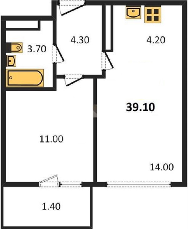 1-комнатная квартира, 39.1 м² - фото 2