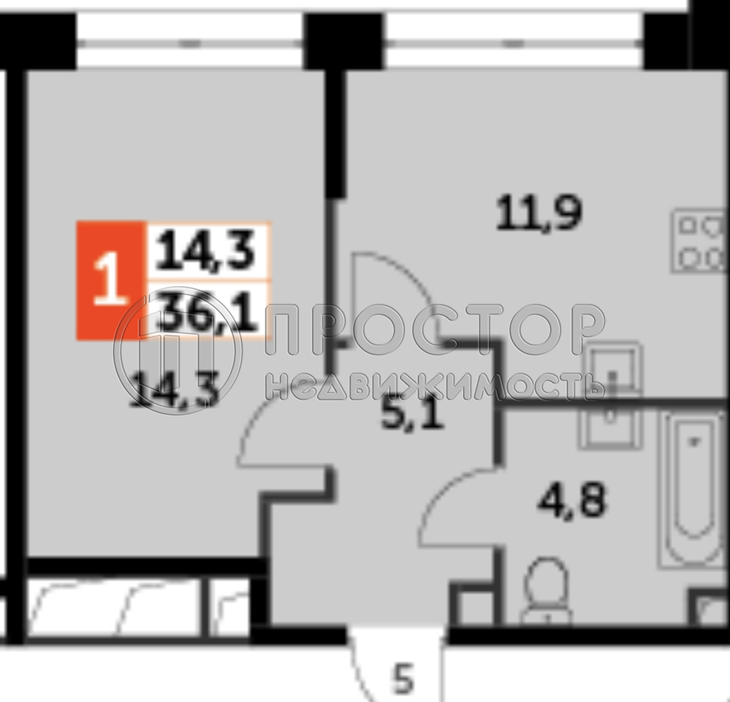 1-комнатная квартира, 36.1 м² - фото 2