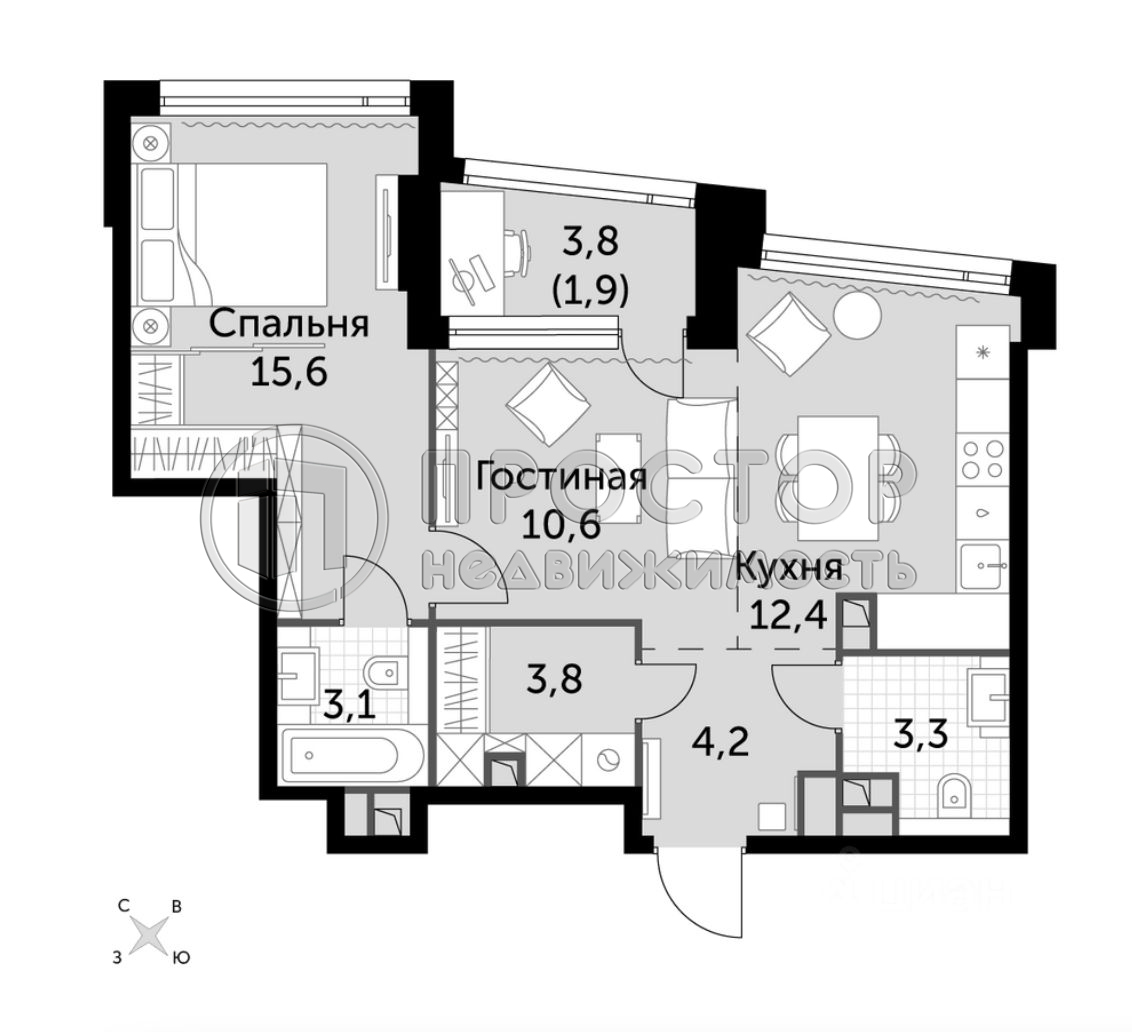 2-комнатная квартира, 54.9 м² - фото 6