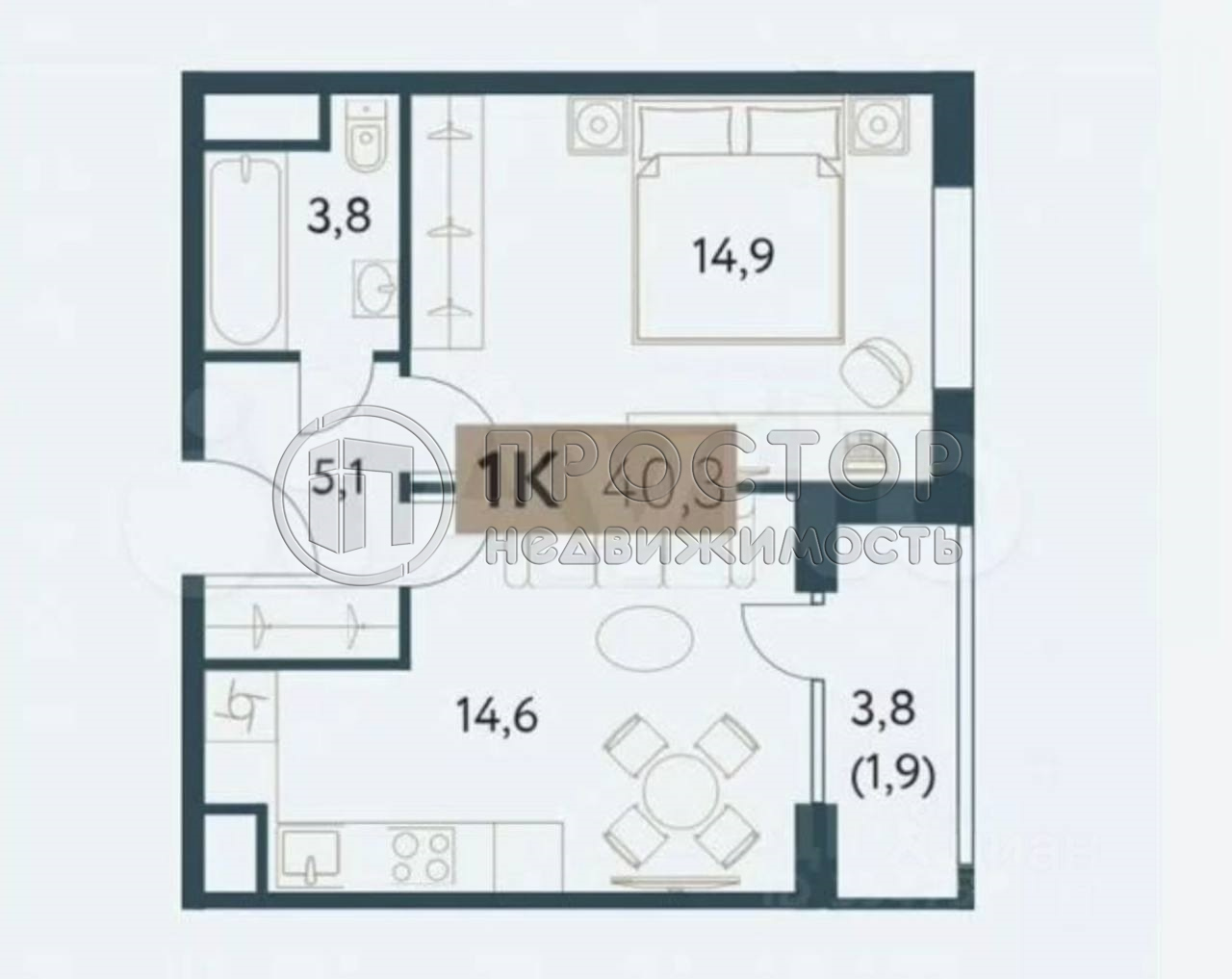 1-комнатная квартира, 40.4 м² - фото 11