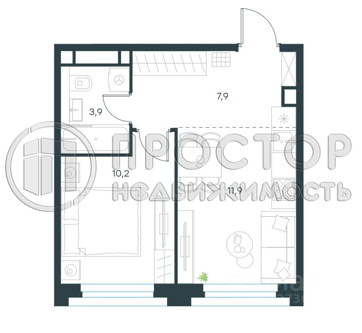 1-комнатная квартира, 34 м² - фото 15