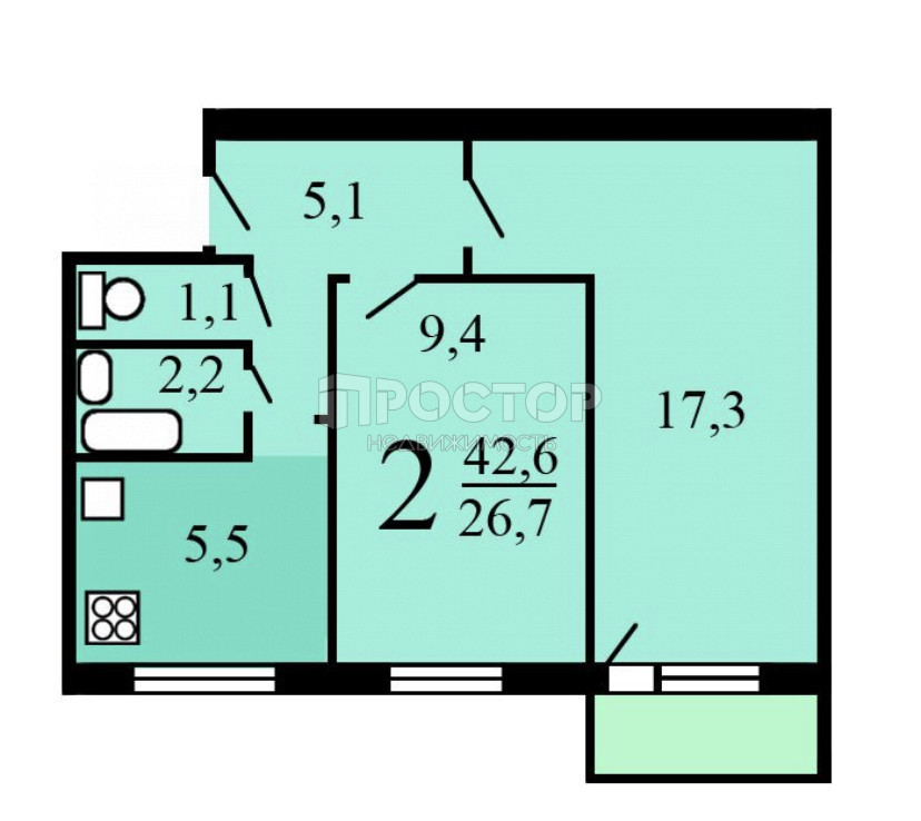 2-комнатная квартира, 42.6 м² - фото 19