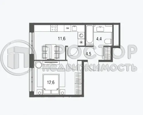 1-комнатная квартира, 33.1 м² - фото 2