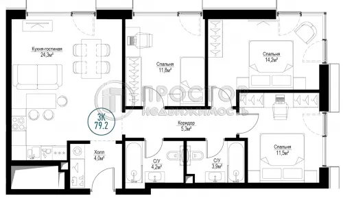 3-комнатная квартира, 78.7 м² - фото 2