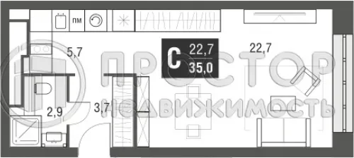 Студия, 35 м² - фото 14