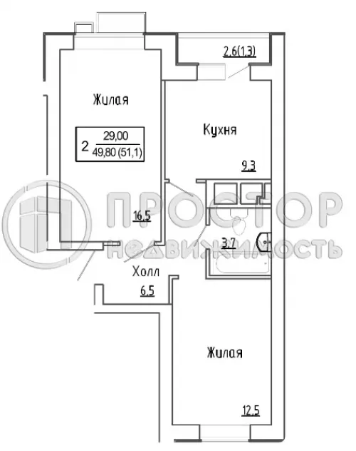 2-комнатная квартира, 50.4 м² - фото 5