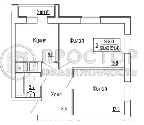 2-комнатная квартира, 50.4 м² - фото 6