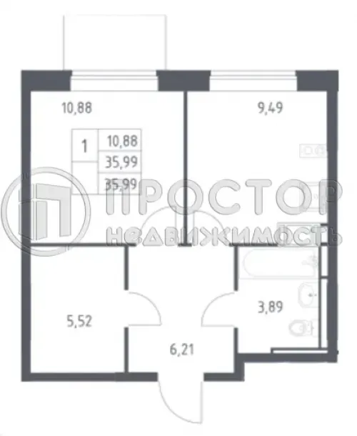 1-комнатная квартира, 35.99 м² - фото 15