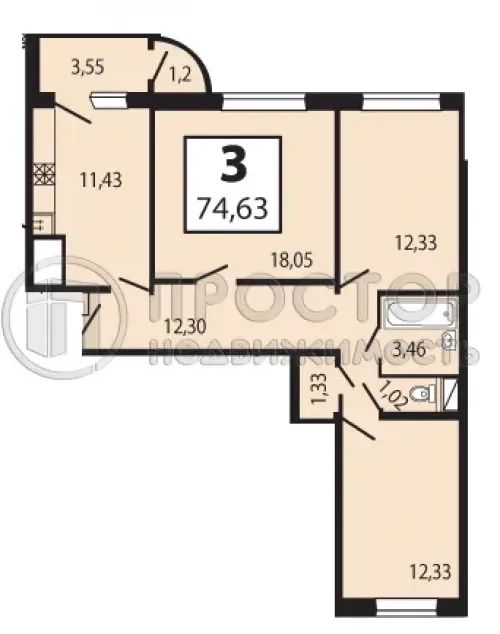 3-комнатная квартира, 74.63 м² - фото 18