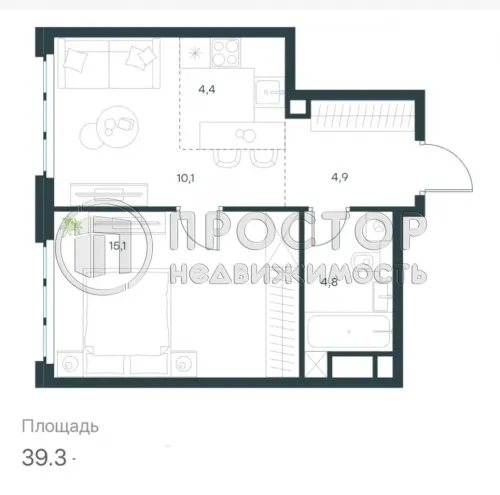 2-комнатная квартира, 39 м² - фото 3