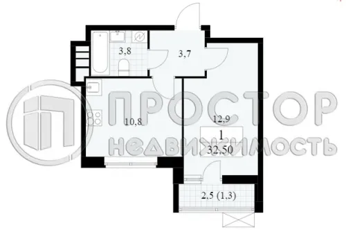 1-комнатная квартира, 32.5 м² - фото 12