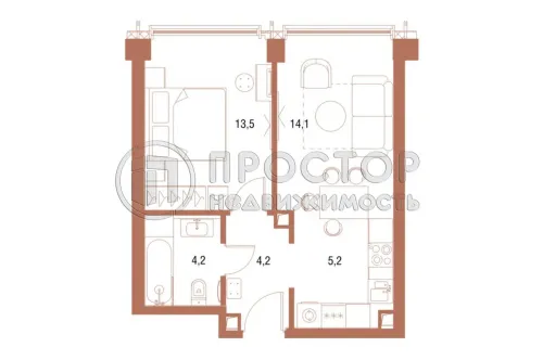 1-комнатная квартира, 41.21 м.кв.