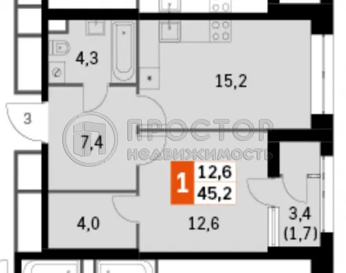 1-комнатная квартира, 45.2 м² - фото 7