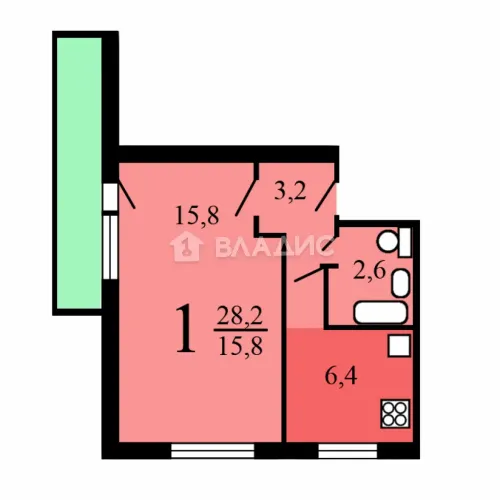 1-комнатная квартира, 28.3 м² - фото 32