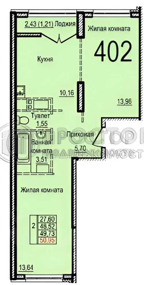 2-комнатная квартира, 50.9 м² - фото 3