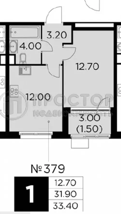 1-комнатная квартира, 33.4 м² - фото 9