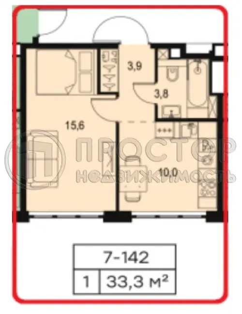 1-комнатная квартира, 33.3 м² - фото 6